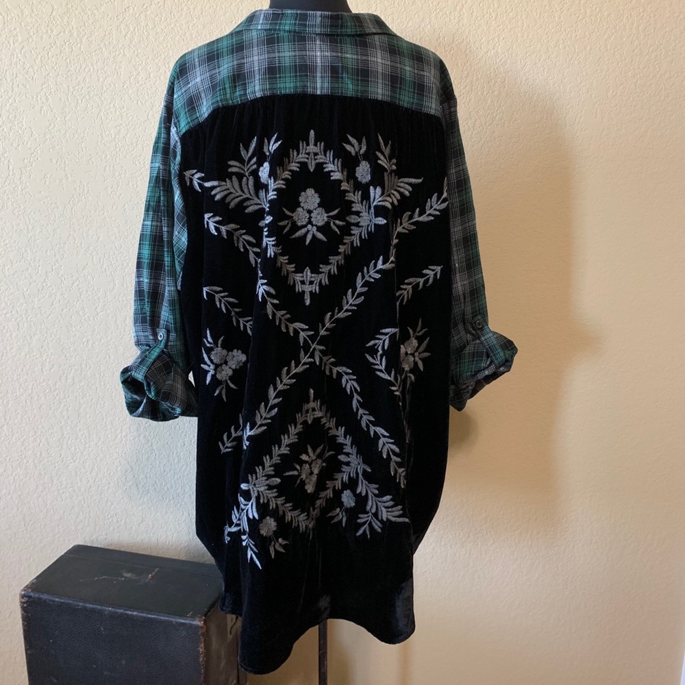 Democracy Black Velvet Button-Down Shirt with Green Plaid Sleeves